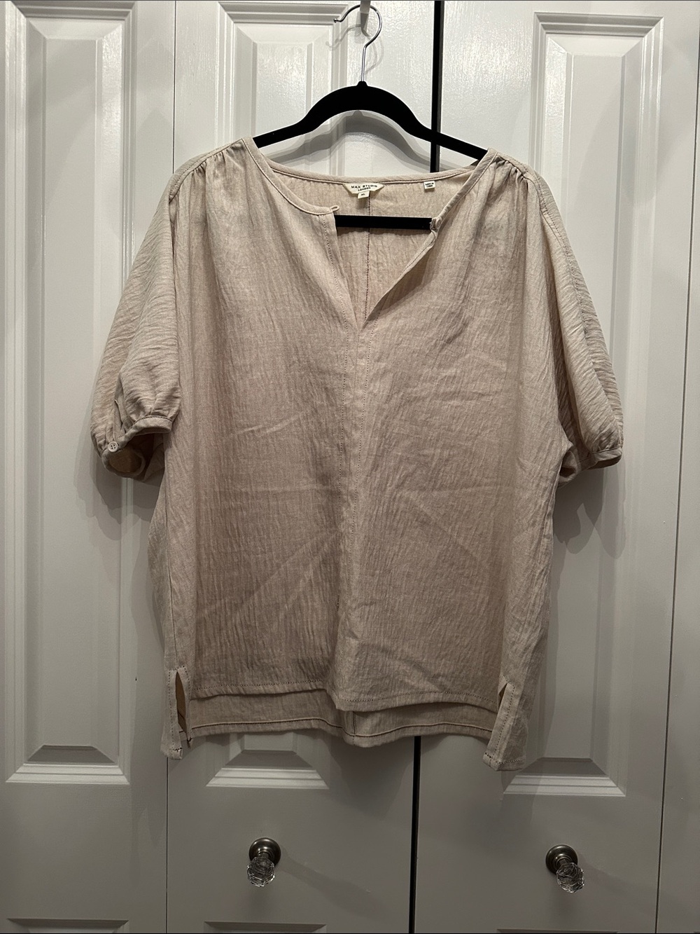 Max London Light Cream Split-Neck Textured Short Sleeve Blouse XL